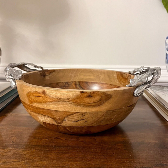 Pier 1 Large 14in Teak Wood Serving Bowl w/Silver Leaf Handles - Picture 2 of 8